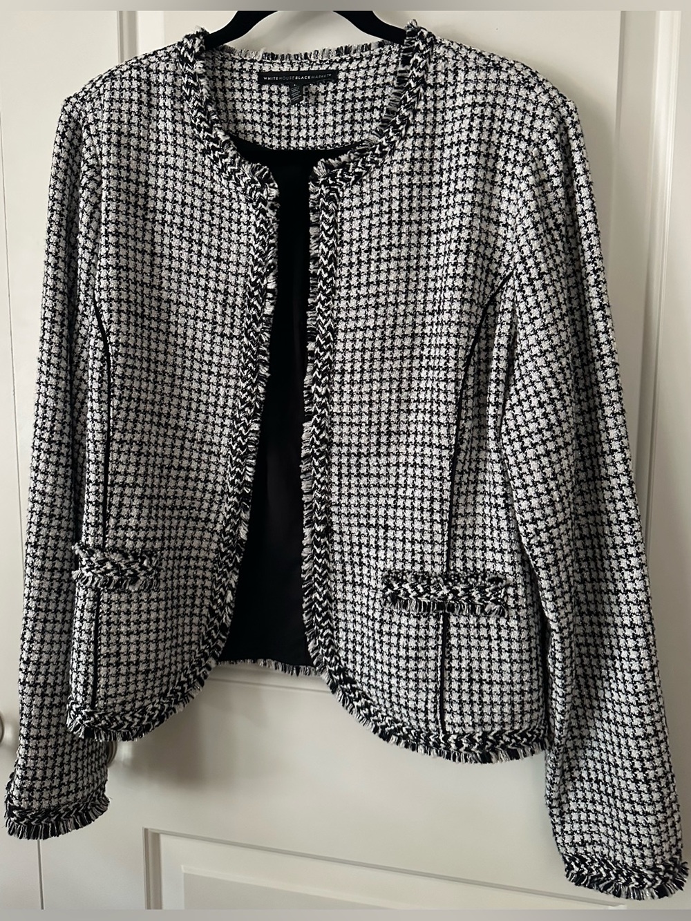WHBM Black White Tweed Jacket Large Fringe Trim Metallic Thread Career